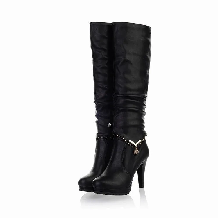 Women's Rhinestone Pendants Stiletto Heel Platform Knee-High Boots