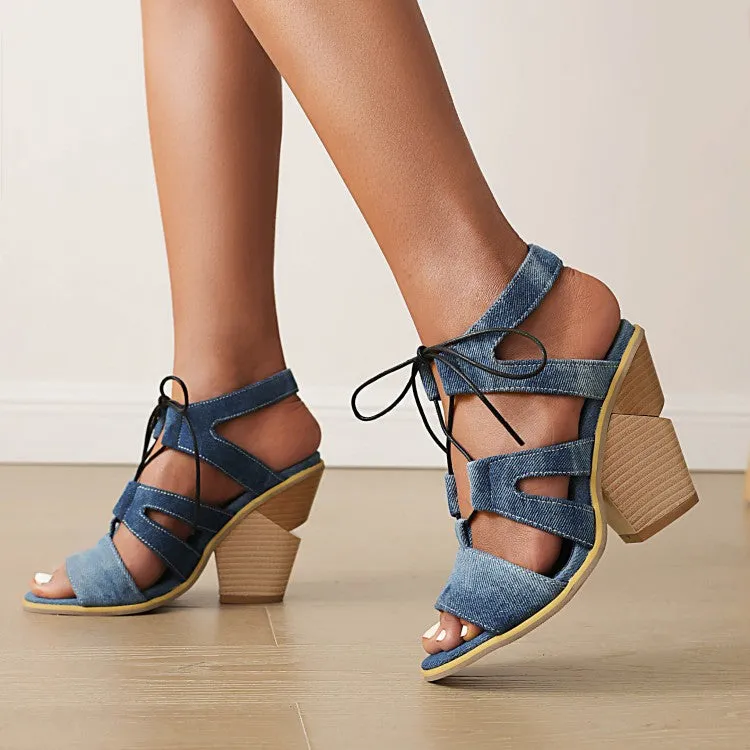 Women's Roman Gladiator Denim Tied Straps Cone Heel Sandals