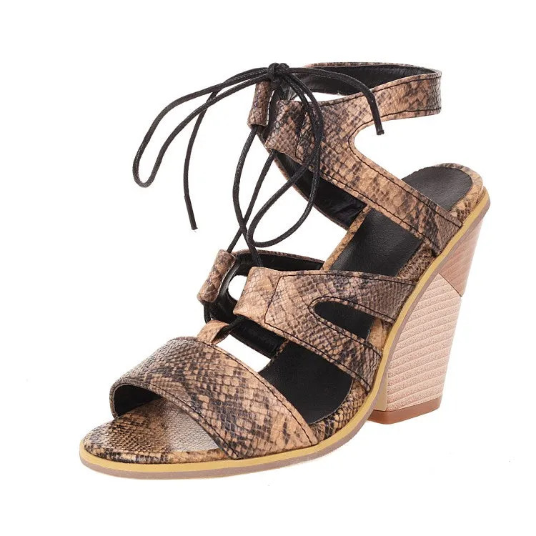 Women's Roman Gladiator Denim Tied Straps Cone Heel Sandals