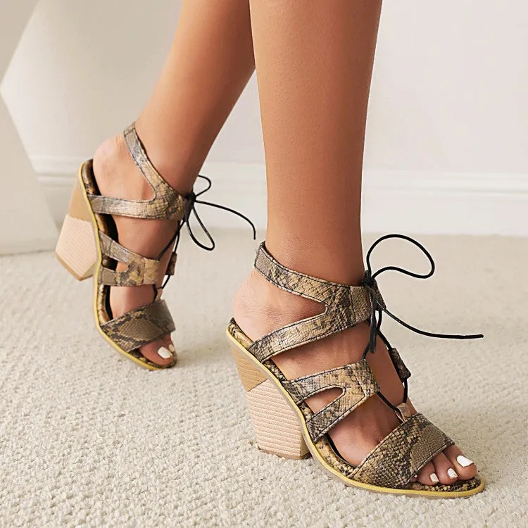 Women's Roman Gladiator Denim Tied Straps Cone Heel Sandals