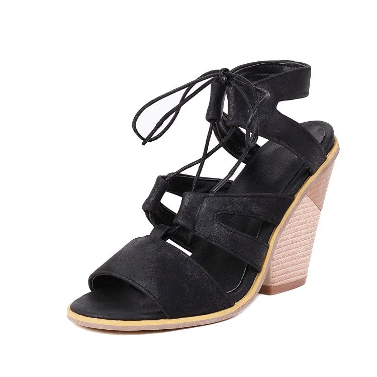 Women's Roman Gladiator Denim Tied Straps Cone Heel Sandals