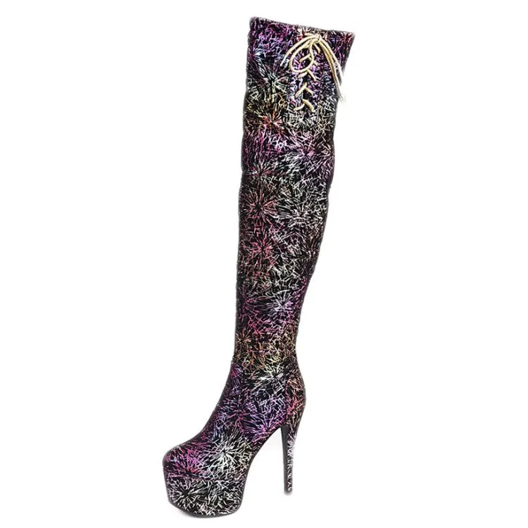 Women's Sequins Platform Stiletto Heel Side Tied Over the Knee Boots