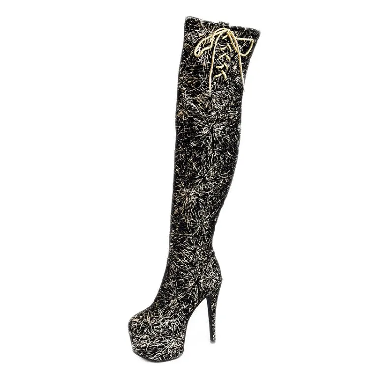 Women's Sequins Platform Stiletto Heel Side Tied Over the Knee Boots