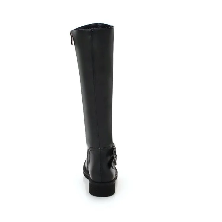 Women's Side Zippers Buckle Straps Low Heels Knee-High Boots