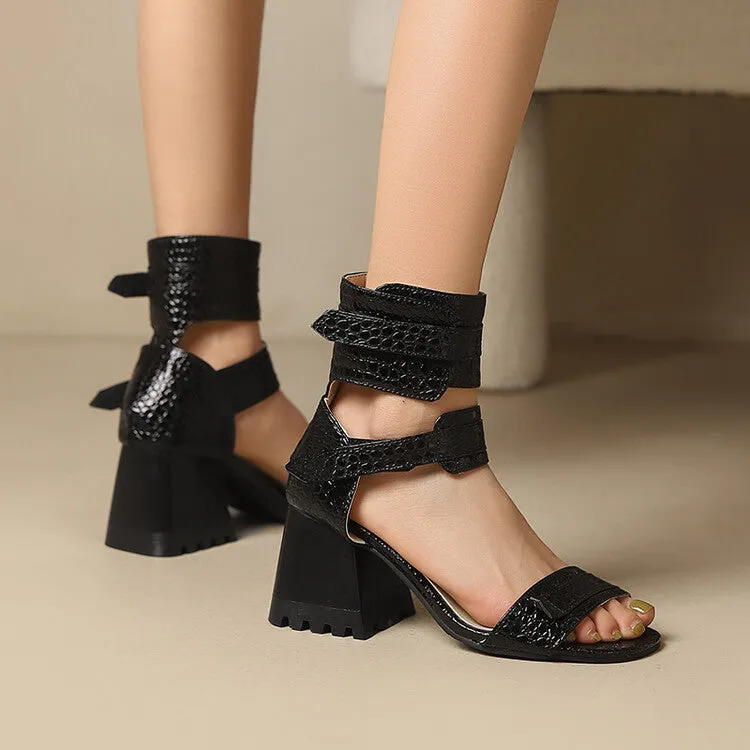 Women's Snake-print Open Toe Buckles Block Chunky Heel Sandals