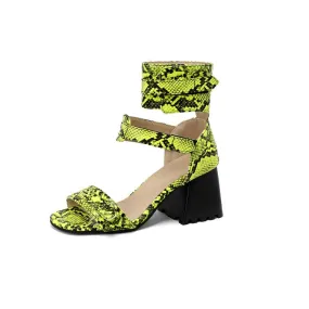 Women's Snake-print Open Toe Buckles Block Chunky Heel Sandals