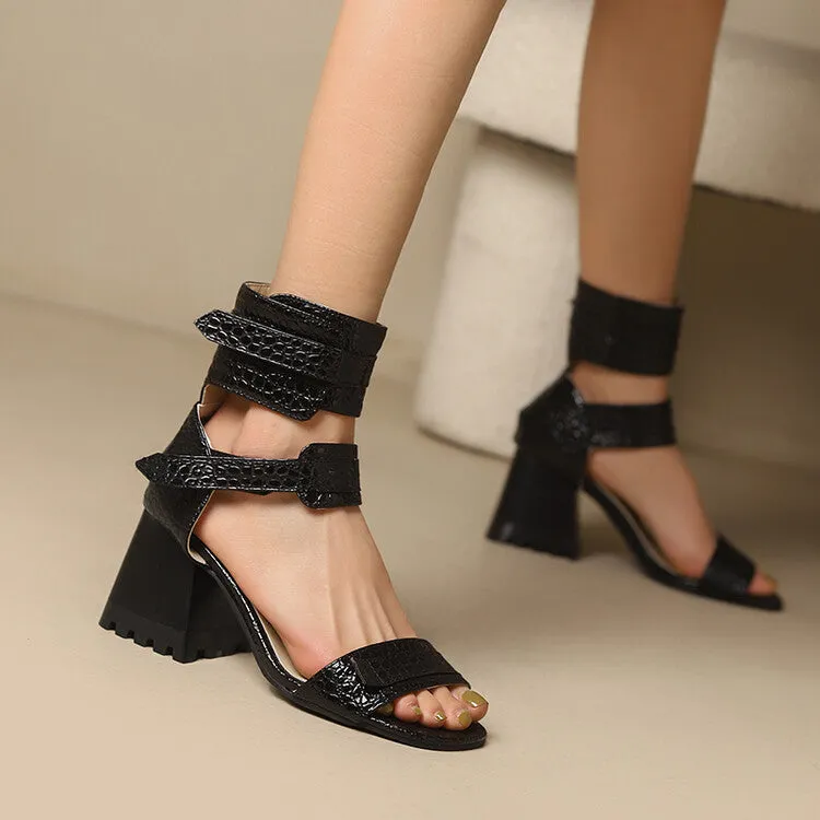 Women's Snake-print Open Toe Buckles Block Chunky Heel Sandals