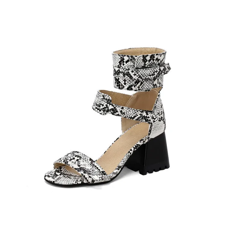 Women's Snake-print Open Toe Buckles Block Chunky Heel Sandals